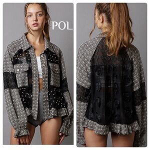 POL Midnight Black and Gray Mixed-Media Lace Tweed Jacket